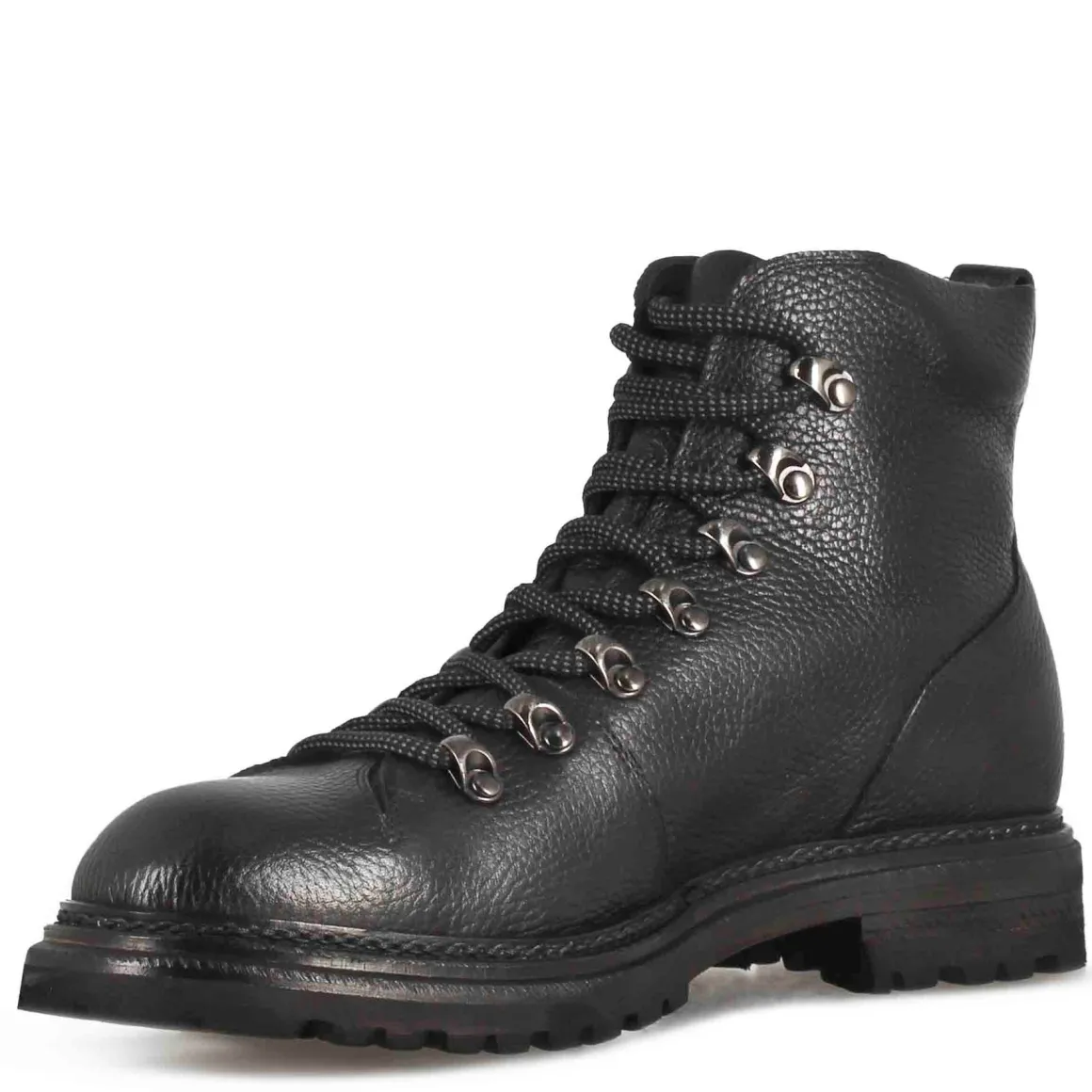 Anfibio In Pelle Colore Nero Con Allacciatura E Suola In Gomma Vibram