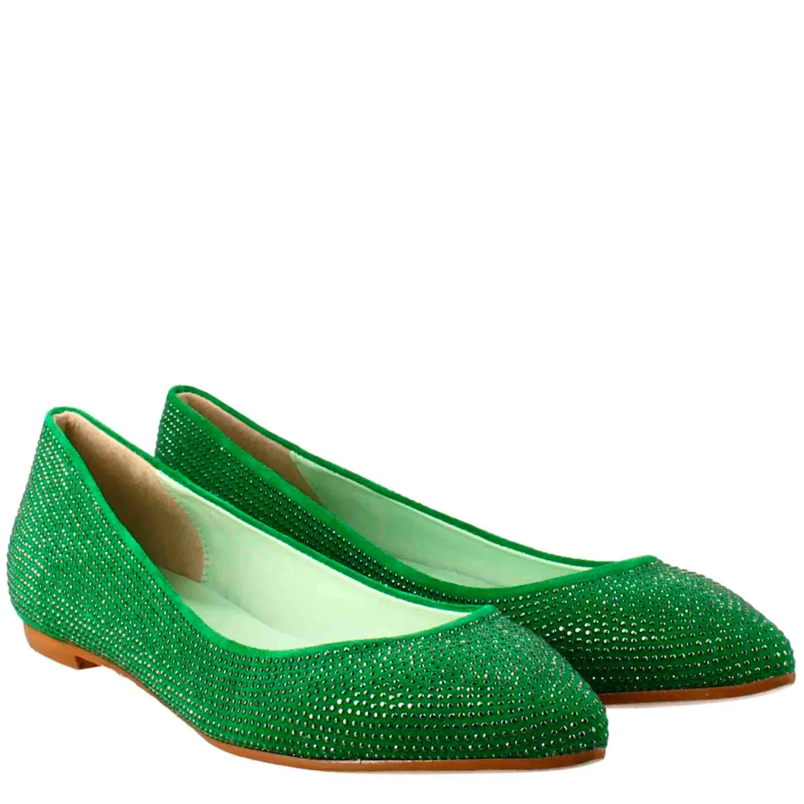 Ballerine Da Donna Color Verde In Pelle Scamosciata Con Strass