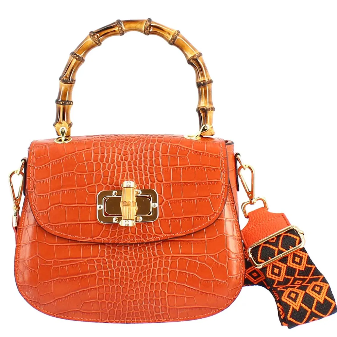 Borsa A Mano Artigianale Da Donna In Pelle Arancione Con Tracolla Rimovibile