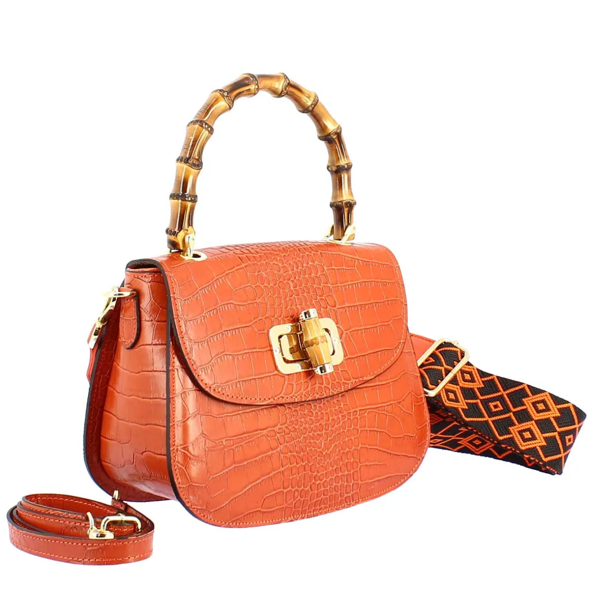 Borsa A Mano Artigianale Da Donna In Pelle Arancione Con Tracolla Rimovibile