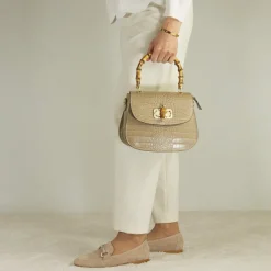 Borsa A Mano Artigianale Da Donna In Pelle Beige Con Tracolla Rimovibile