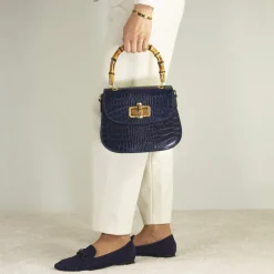 Borsa A Mano Artigianale Da Donna In Pelle Blu Con Tracolla Rimovibile