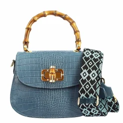 Borsa A Mano Artigianale Da Donna In Pelle Celeste Con Tracolla Rimovibile