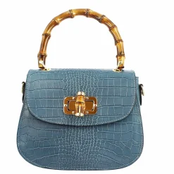 Borsa A Mano Artigianale Da Donna In Pelle Celeste Con Tracolla Rimovibile