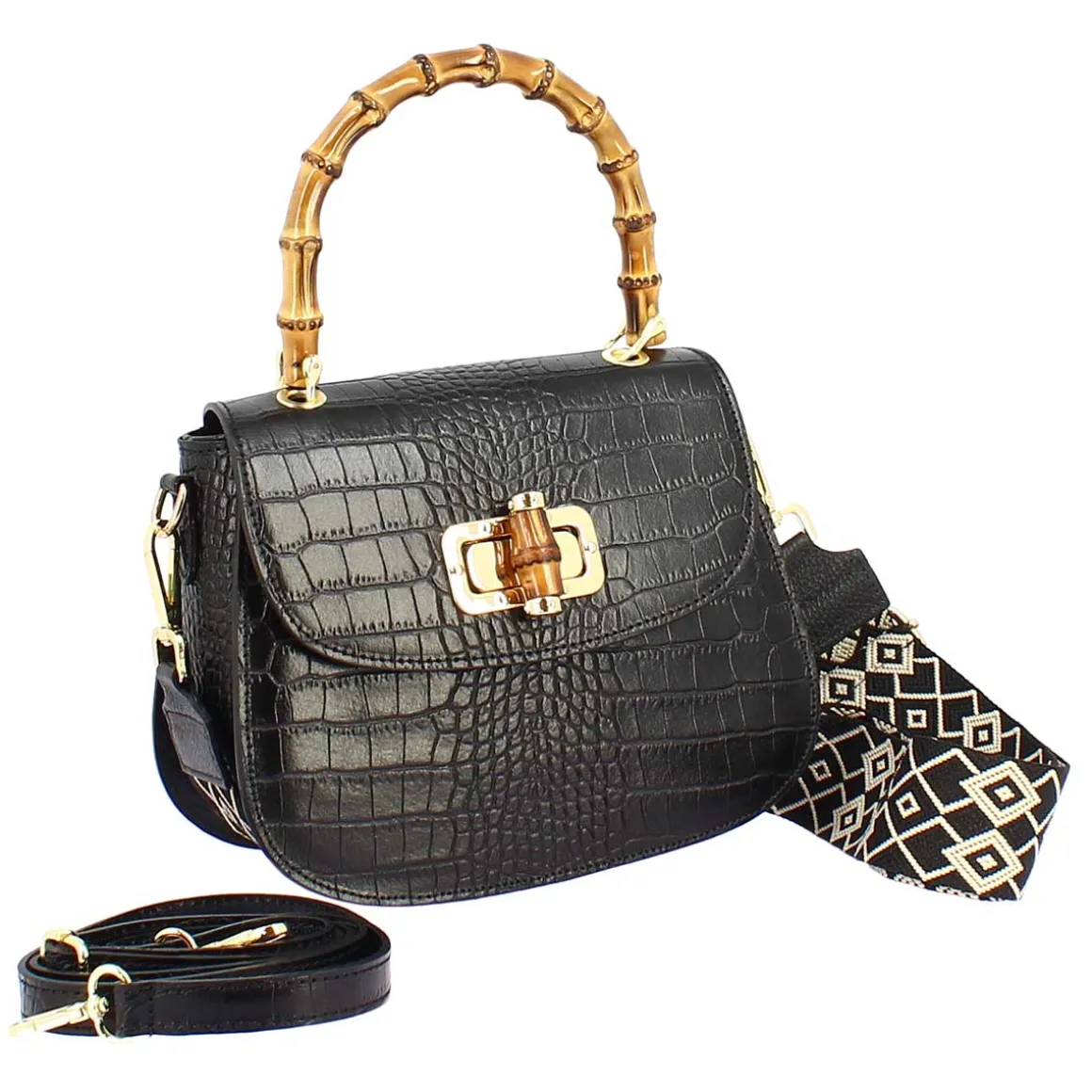 Borsa A Mano Artigianale Da Donna In Pelle Nera Con Tracolla Rimovibile