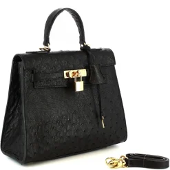 Borsa A Mano Con Tracolla Da Donna Artigianale In Pelle Di Struzzo Nera