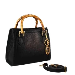 Borsa Bamboo Da Donna In Pelle Colore Nero Con Manici In Legno E Tracolla