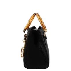 Borsa Bamboo Da Donna In Pelle Colore Nero Con Manici In Legno E Tracolla