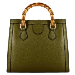 Borsa Bamboo Da Donna In Pelle Colore Verde Con Manici In Legno E Tracolla