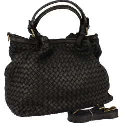 Borsa Da Donna Petrarca Fatta A Mano In Pelle Intrecciata Nera Con Tracolla
