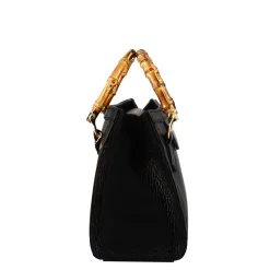 Borsetta Mini Bamboo Da Donna In Pelle Colore Nero Con Manici In Legno E Tracolla
