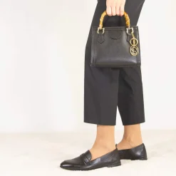 Borsetta Mini Bamboo Da Donna In Pelle Colore Nero Con Manici In Legno E Tracolla