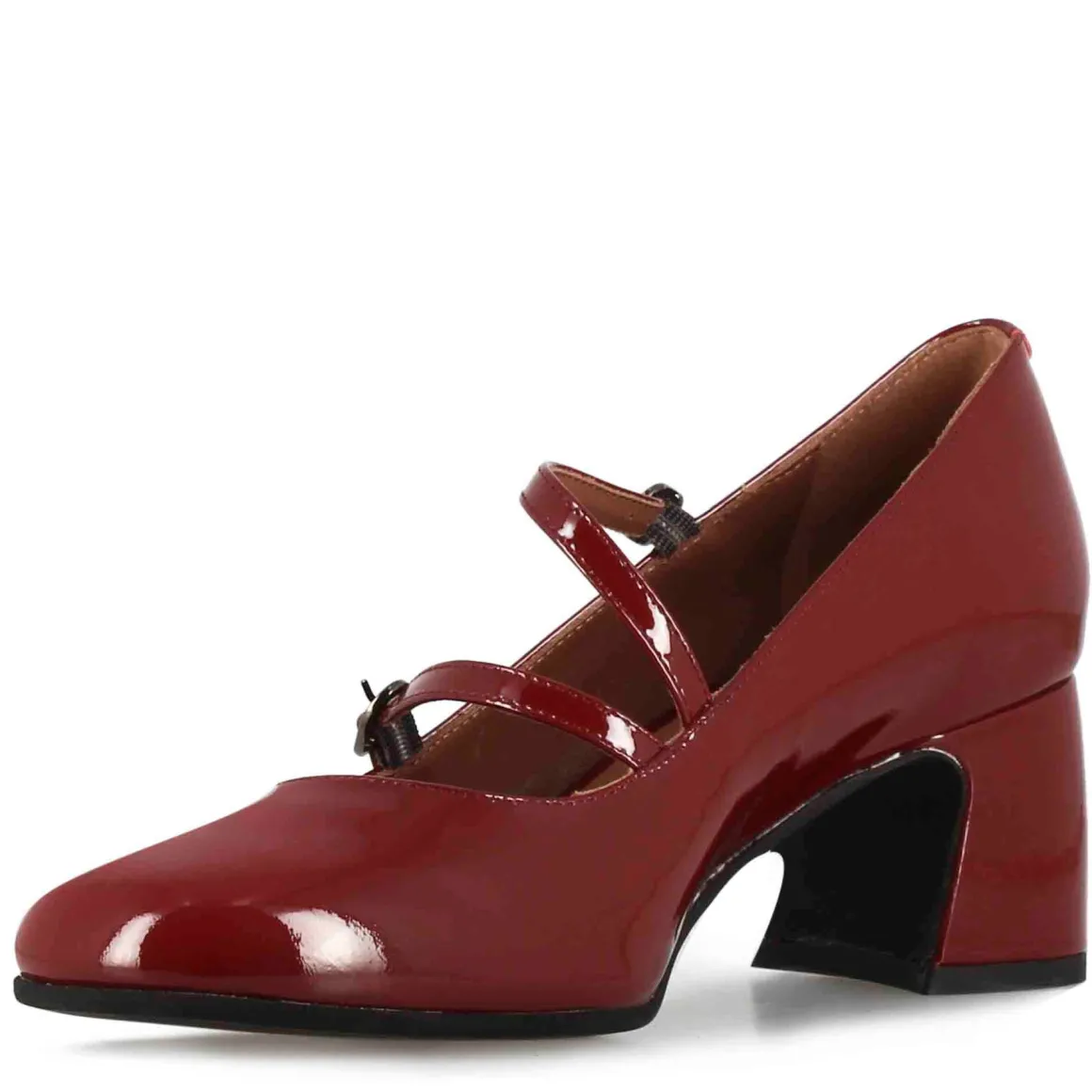 Décolleté Mary Jane In Pelle Verniciata Colore Bordeaux Con Doppio Cinturino