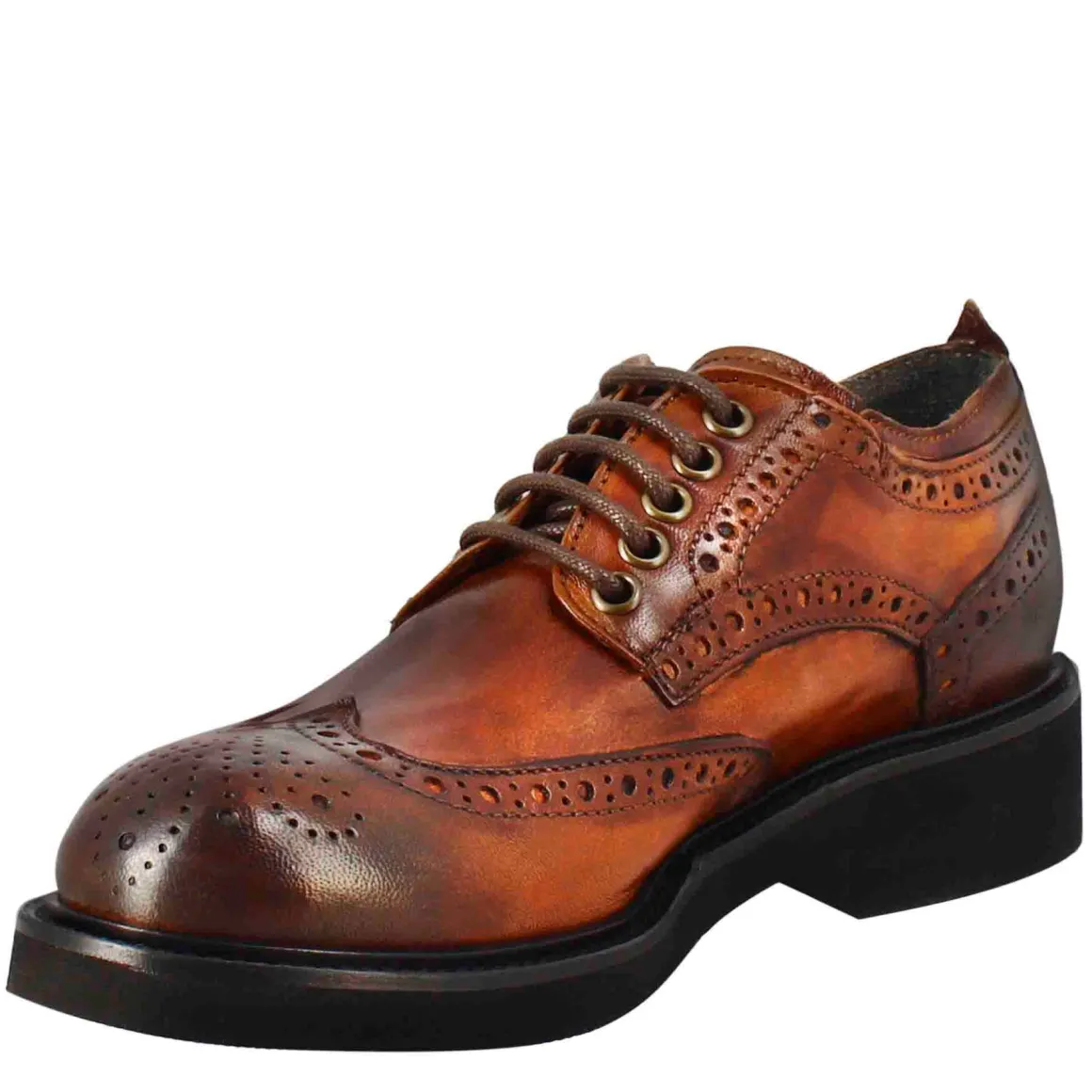 Derby Da Donna Con Dettagli Brogue Paupa In Pelle Lavata Cuoio Scuro