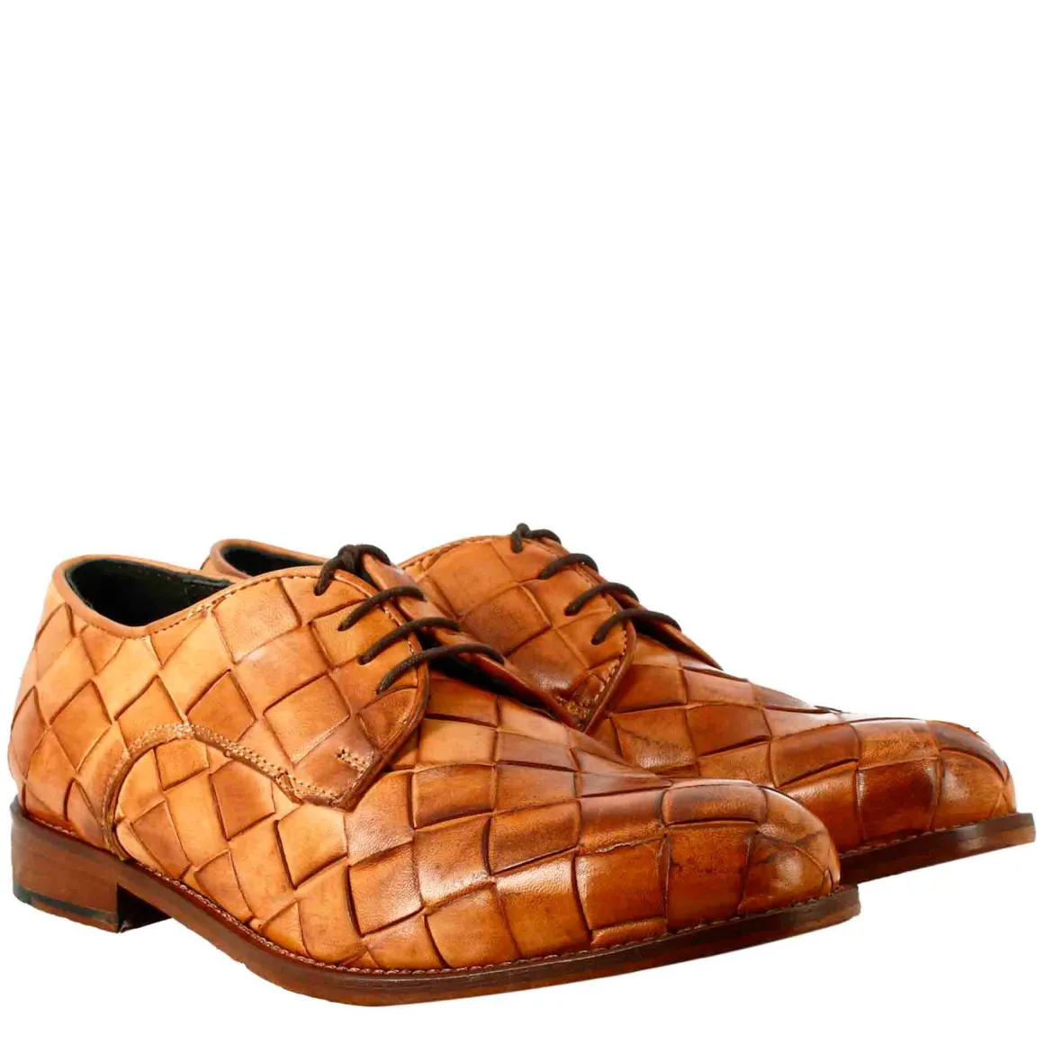 Derby Marrone Chiaro Vintage Elegante Da Uomo In Pelle Intrecciata
