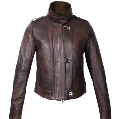Giacca Da Donna In Pelle Marrone Scuro Con Dettagli Trapuntati