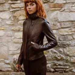 Giacca Da Donna In Pelle Marrone Scuro Con Dettagli Trapuntati