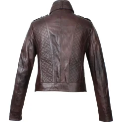 Giacca Da Donna In Pelle Marrone Scuro Con Dettagli Trapuntati
