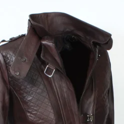 Giacca Da Donna In Pelle Marrone Scuro Con Dettagli Trapuntati