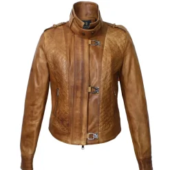 Giacca Da Donna In Pelle Marrone Con Dettagli Trapuntati