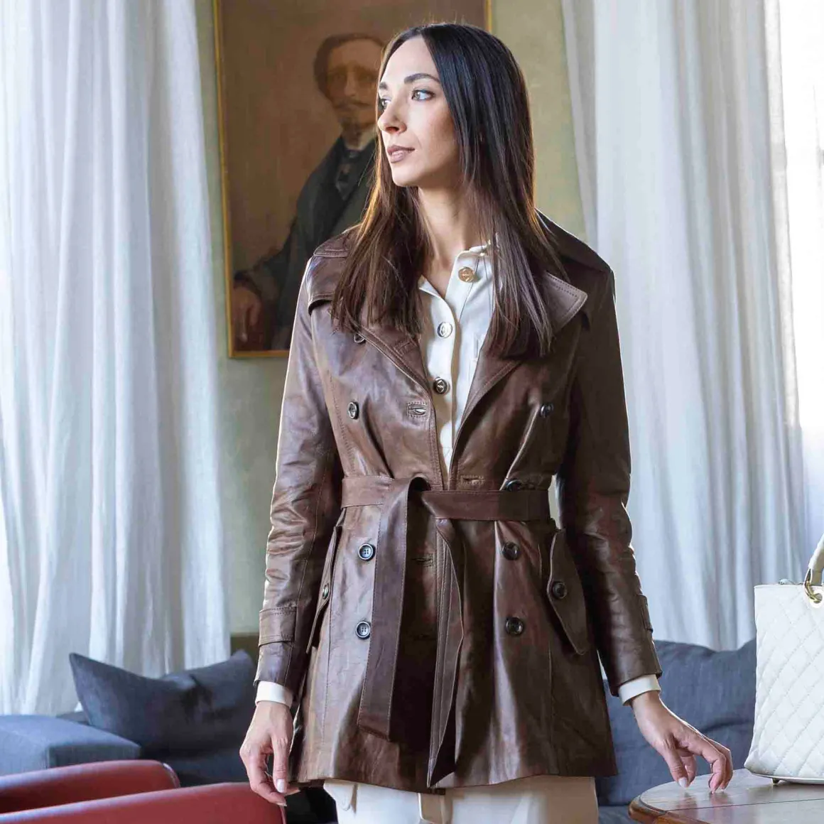 Giacca Da Donna Stile Trench In Pelle Alta Qualità Colore Marrone