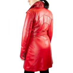 Giacca Elegante Da Donna Con Cintura Fatta A Mano In Pelle Di Agnello E Cachemire Rossa E Nera