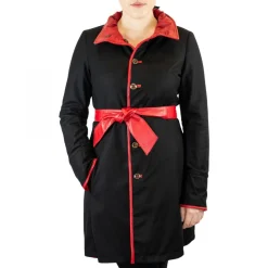 Giacca Elegante Da Donna Con Cintura Fatta A Mano In Pelle Di Agnello E Cachemire Rossa E Nera