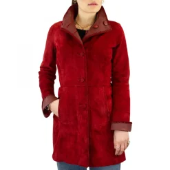 Giacca Elegante Reversibile Da Donna Fatta A Mano In Pelle Di Renna E Agnello Rossa Con Bottoni
