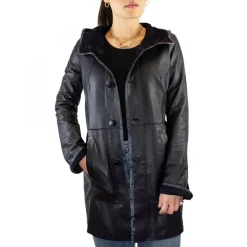 Giacca Elegante Reversibile Da Donna Fatta A Mano In Pelle Di Renna E Agnello Blu Con Cappuccio