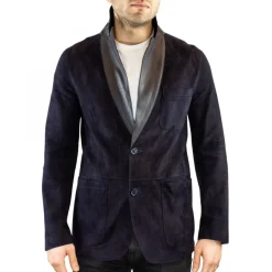 Giacca Elegante Reversibile Da Uomo Fatta A Mano In Pelle Di Renna E Agnello Blu Con Bottoni