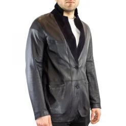 Giacca Elegante Reversibile Da Uomo Fatta A Mano In Pelle Di Renna E Agnello Blu Con Bottoni