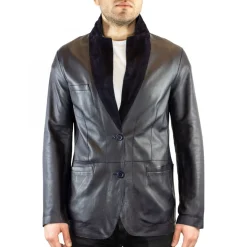 Giacca Elegante Reversibile Da Uomo Fatta A Mano In Pelle Di Renna E Agnello Blu Con Bottoni