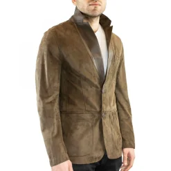 Giacca Elegante Reversibile Da Uomo Fatta A Mano In Pelle Di Renna E Agnello Taupe Con Bottoni