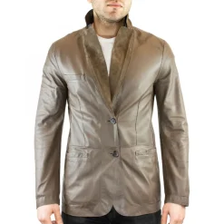 Giacca Elegante Reversibile Da Uomo Fatta A Mano In Pelle Di Renna E Agnello Taupe Con Bottoni