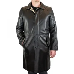 Giacca Lunga Reversibile Da Uomo In Pelle Nera Con Bottoni