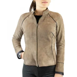 Giacca Reversibile Astrid Da Donna Fatta A Mano In Pelle Di Renna Taupe E Pelle Di Agnello Nera