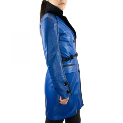 Giacca Reversibile Da Donna Fatta A Mano In Pelle Di Vitello Blu E Cachemire Con Cintura