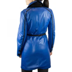 Giacca Reversibile Da Donna Fatta A Mano In Pelle Di Vitello Blu E Cachemire Con Cintura