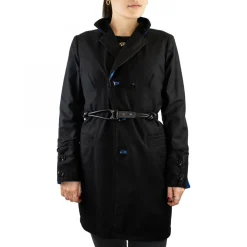 Giacca Reversibile Da Donna Fatta A Mano In Pelle Di Vitello Blu E Cachemire Con Cintura
