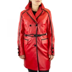 Giacca Reversibile Da Donna Fatta A Mano In Pelle Di Agnello Rossa E Cachemire Con Cintura