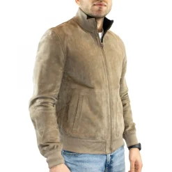 Giacca Reversibile Da Uomo Fatta A Mano In Pelle Di Renna E Agnello Taupe E Blu