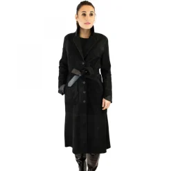 Giacca Reversibile Lunga Elegante Da Donna Fatta A Mano In Pelle Nera Con Cintura