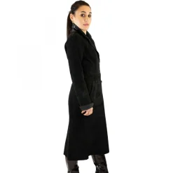 Giacca Reversibile Lunga Elegante Da Donna Fatta A Mano In Pelle Nera Con Cintura