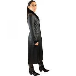 Giacca Reversibile Lunga Elegante Da Donna Fatta A Mano In Pelle Nera Con Cintura