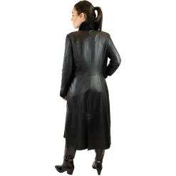 Giacca Reversibile Lunga Elegante Da Donna Fatta A Mano In Pelle Nera Con Cintura
