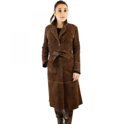 Giacca Reversibile Lunga Elegante Da Donna Fatta A Mano In Pelle Marrone Con Cintura