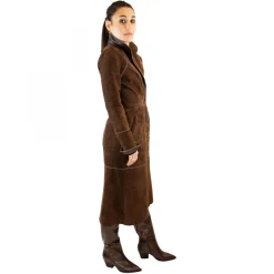 Giacca Reversibile Lunga Elegante Da Donna Fatta A Mano In Pelle Marrone Con Cintura