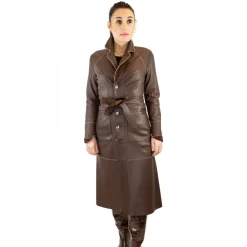 Giacca Reversibile Lunga Elegante Da Donna Fatta A Mano In Pelle Marrone Con Cintura