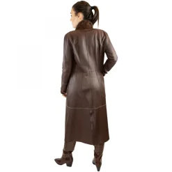 Giacca Reversibile Lunga Elegante Da Donna Fatta A Mano In Pelle Marrone Con Cintura