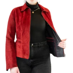 Giacca Reversibile Sfiancata Modello Africa Da Donna Fatta A Mano In Pelle Di Renna E Agnello Rossa E Nera